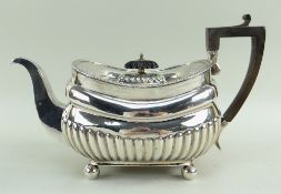 EARLY 19TH CENTURY SILVER TEAPOT, probably London 1813, half fluted rouded rectangular body with