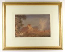 CIRCLE OF DAVID COX watercolour - fire beside thatched oast house, bears signature and