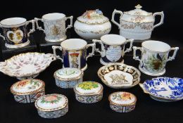 ASSORTED MODERN ROYAL CROWN DERBY CHINA, including five loving cups, five oval trinket boxes,