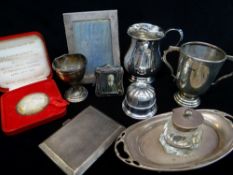 ASSORTED SILVER comprising pot bellied tankard, twin handled trophy cup, silver egg cup, silver