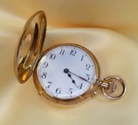 18K GOLD SMALL HALF HUNTER POCKET WATCH, the white enamel dial having Arabic numerals, 37.6gms