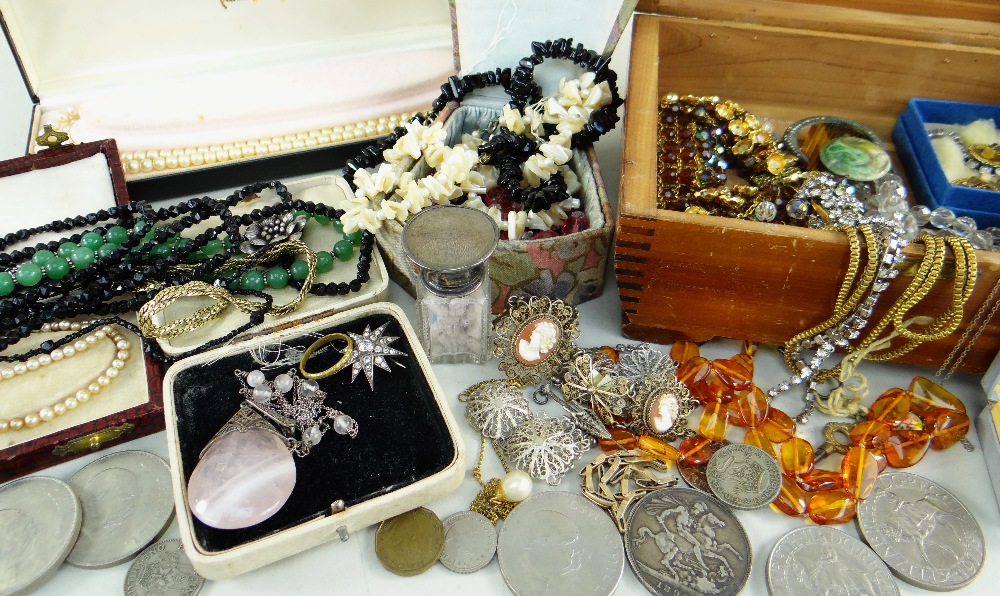 ASSORTED COSTUME JEWELLERY comprising pearls, amber necklace, various strings of beads, earrings,