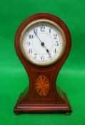 EDWARDIAN MAHOGANY MARQUETRY & BOXWOOD STRUNG BALLOON MANTLE CLOCK, 23cms high