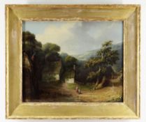 19TH CENTURY ENGLISH SCHOOL oil on canvas laid to board - rural cottages with figures to the