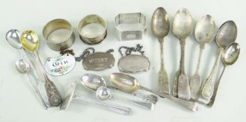 ASSORTED SILVER comprising three silver napkin rings, 'Whisky' and 'Sherry' silver decanter labels