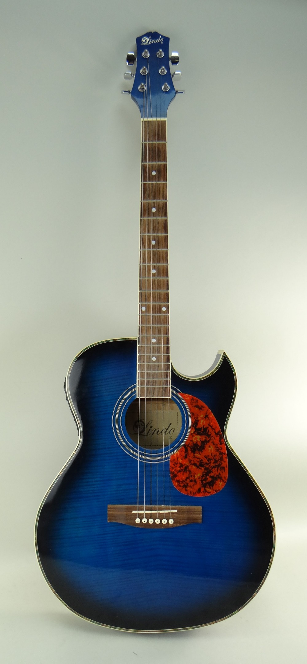 LINDO SLIM ELECTRO-ACOUSTIC GUITAR, blue sunburst finish with simulated mother of pearl border, - Image 4 of 5