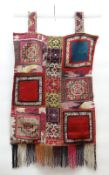 UZBEK EMBROIDERED TENT BAG FACE, silver and wool, cross stitch geometric bands and panels, with