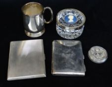 ASSORTED SILVER COLLECTIBLES, including two cigarette case, Christening mug, Wedgwood Elizabeth II