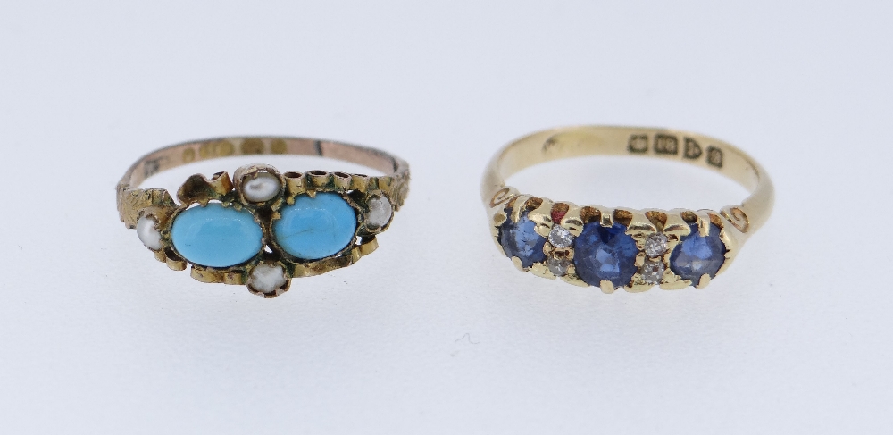 18CT GOLD SAPPHIRE & DIAMOND RING, 2.9gms, together with 9ct gold turquoise and pearl ring, 1.