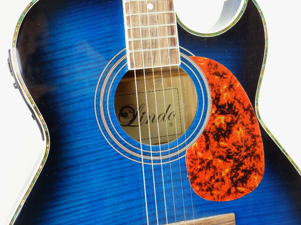 LINDO SLIM ELECTRO-ACOUSTIC GUITAR, blue sunburst finish with simulated mother of pearl border, - Image 5 of 5