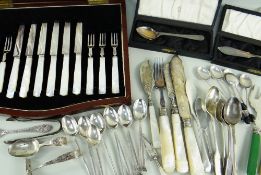 ASSORTED SILVER & PLATED FLATWARE, including set of mother of pearl handled fruit knives and forks