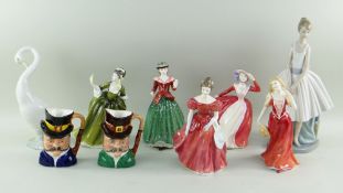 ASSORTED CHINA FIGURINES, including five Royal Doulton figures viz. Holly HN3647, Strolling HN 3755,