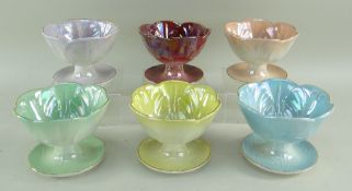 BBC BARGAIN HUNT LOT: SET OF SIX BESWICK LUSTRE 'HARLEQUIN' SUNDAE DISHES, leaf-moulded, 11cms