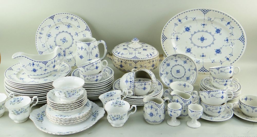 MATCHED PART SERVICE OF 'DENMARK' PATTERN BLUE & WHITE DINNERWARES, mainly by Furnivals Ltd.,