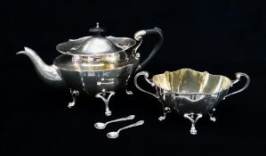 EDWARD VII SILVER TEAPOT & MATCHING SUGAR BASIN, of oval shape, each raised on four paw type feet,