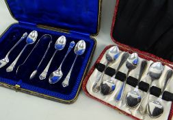 TWO SETS OF CASED SILVER TEA SPOONS, comprising set of five (one missing) with sugar tongs,