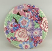 CLARICE CLIFF 'BOUQUET' PATTERN WALL MEDALLION PLAQUE, c. 1936, pierced and relief moulded, large