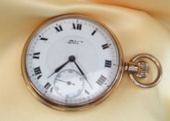 9CT GOLD OPEN FACED POCKET WATCH, the stepped white enamel dial having Roman numeral chapter ring