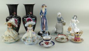 ASSORTED DECORATIVE CHINA, including Royal Worcester Milkmaid, Lladro goose girl, pair vases,