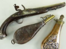 18TH CENTURY SILVER MOUNTED BRASS BARRELLED FLINTLOCK PISTOL, retailed by R. Clarke, with two