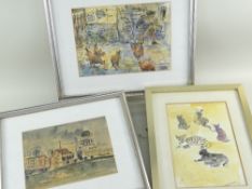 BIM GIARDELLI and ARTHUR GIARDELLI, three watercolours - Venice, Farmer with Chickens, Five Cats