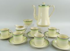 ART DECO POTTERY SIX PLACE COFFEE SERVICE, by Johnson Bros, silver and green banded decoration,