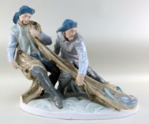 LARGE ROYAL DUX PORCELAIN FIGURE GROUP OF FISHERMEN HAULING NETS, 37cms high