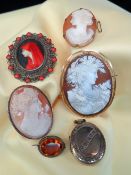 ASSORTED JEWELLERY comprising two 9ct gold set carved cameo shell brooches, silver set carved