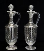 PAIR VICTORIAN ENGRAVED GLASS CLARET DECANTERS & STOPPERS, possibly Stourbridge, classical amphora