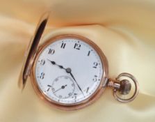 9CT GOLD HALF HUNTER POCKET WATCH, the white enamel dial having Arabic numerals and subsidiary