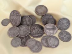 ASSORTED VICTORIAN COINS comprising crowns, two shillings, florins, half crowns, one shillings