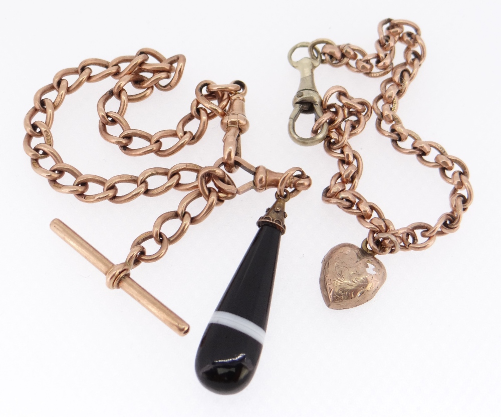 VARIOUS MAINLY 9CT GOLD PART WATCH CHAINS, one with agate drop and T-bar, 29.5gms overall (2)