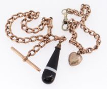 VARIOUS MAINLY 9CT GOLD PART WATCH CHAINS, one with agate drop and T-bar, 29.5gms overall (2)