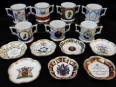 MODERN ROYAL CROWN DERBY BONE CHINA LOVING CUPS & PIN DISHES, comprising seven loving cups, mostly