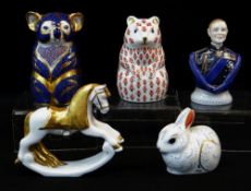 FIVE MODERN ENGLISH BONE CHINA ORNAMENTS, including three Royal Crown Derby animal paper weights,