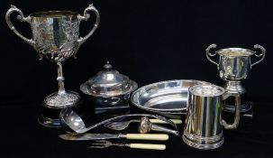 ASSORTED SILVER & PLATE, including a silver two handled cup on ebonised plinth, 6 t.oz.,