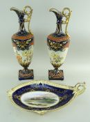 PAIR OF CONTINENTAL PORCELAIN EWERS & COALPORT NAMED VIEW COMPORT, the ewers by Rudolstadt &