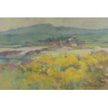 AUDREY HIND oil on board / card - Ynys Mon landscape with farm, entitled verso 'Cemlyn', signed,