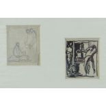 SIR FRANK BRANGWYN RA two pencil sketches - man working at press and another, both 6 x 5cms