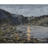 MARTIN LLEWELLYN oil on board - evening sun reflecting over Eryri lake, entitled verso on Albany