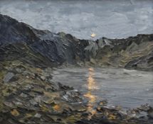 MARTIN LLEWELLYN oil on board - evening sun reflecting over Eryri lake, entitled verso on Albany