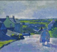 MEIRION JONES oil on board - figures on a village road with landscape, signed, 27 x 29cms