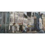 MARK SAMUEL oil on panel - Cardiff street scene, Castle Street looking towards The Angel Hotel,