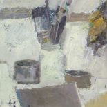 GORDON STUART oil on board - still life of brushes in a pot, entitled verso 'Studio Pots', dated