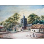 ALFRED WORTHINGTON oil on board - primitive school, historic view of Llanbadarn Church near