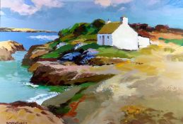 DONALD MCINTYRE acrylic - coastal scene with whitewashed cottage, entitled verso on artist's