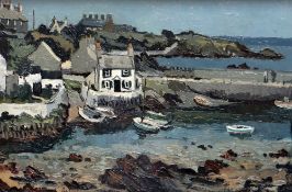 SIR KYFFIN WILLIAMS RA early oil on canvas - Cemaes Bay, Anglesey harbour scene with cottages, boats