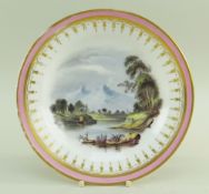 A SWANSEA PORCELAIN DESSERT PLATE WITH LANDSCAPE SCENE London decorated, having a salmon-pink and
