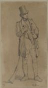 EDWARD DUNCAN pencil on brown paper - portrait of a standing gentleman with rifle, signed with