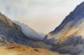 ROB PIERCY watercolour - expansive scene looking down the Llanberis Pass, signed and dated 1993,
